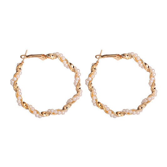 Elegant Twisted Gold Pearl Hoop Earrings