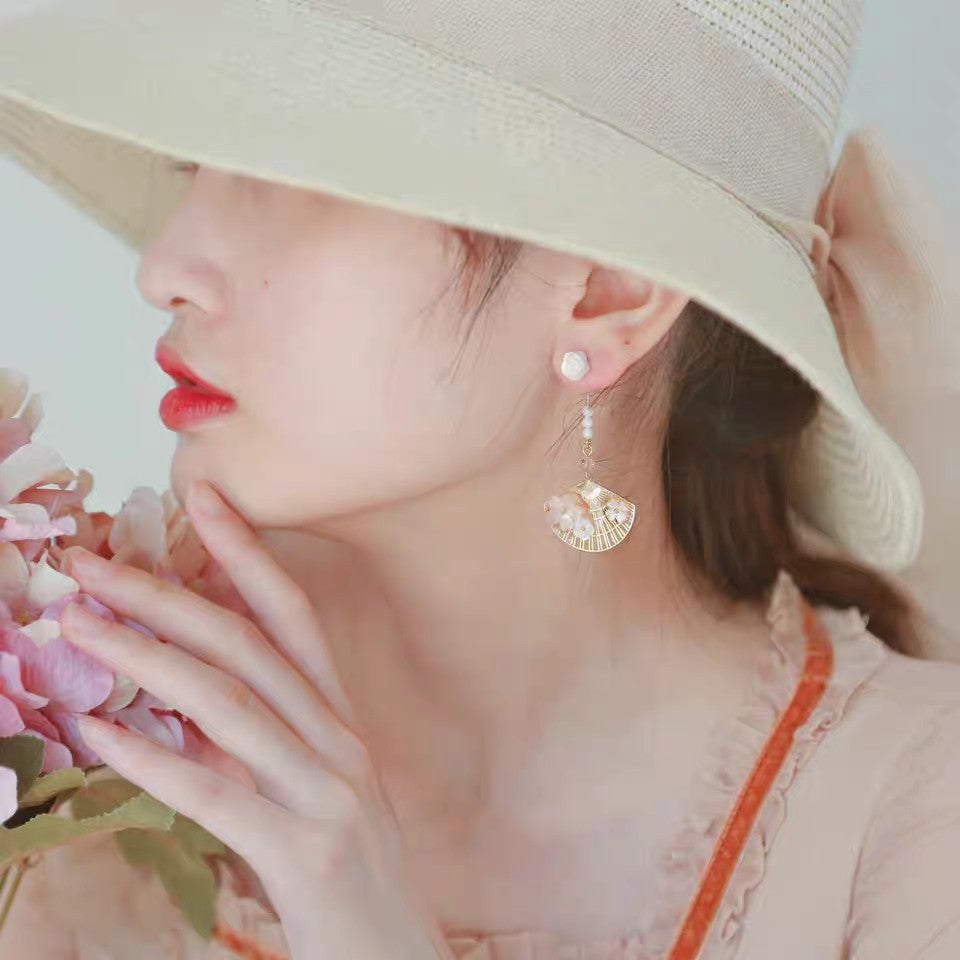 Elegant Fan-Shaped Drop Earrings with Pearl & Floral Detail