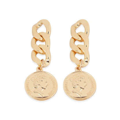 Bold Chain-Link Earrings with Vintage Coin Charm