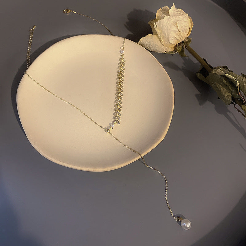 Asymmetric Leaf Y-Necklace with Pearl Drop