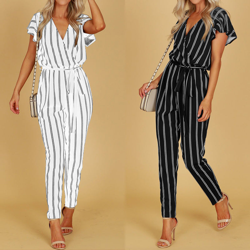 Chic Stripe Elizabeth Ainsley V-Neck Halter Jumpsuit