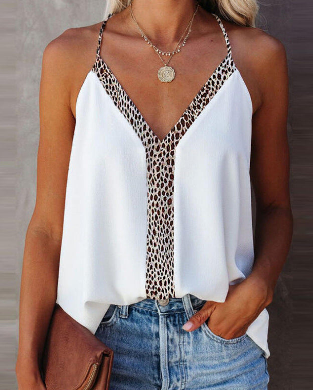 Chic Leopard Trim V-Neck Blouse by Elizabeth Ainsley