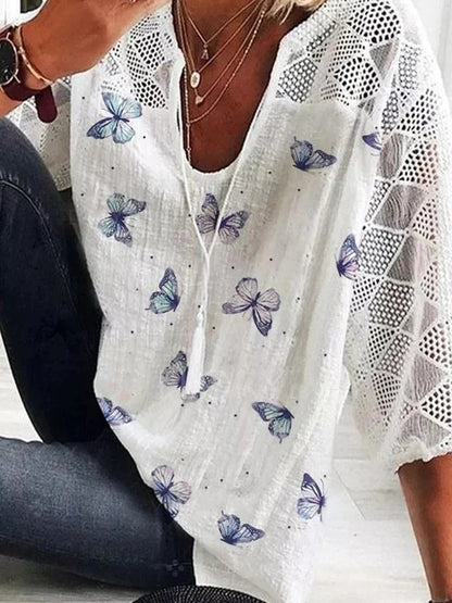 Boho Butterfly Print Elizabeth Ainsley V-Neck Blouse