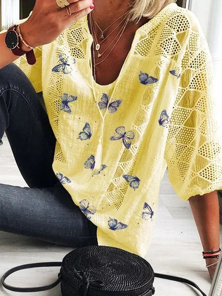 Boho Butterfly Print Elizabeth Ainsley V-Neck Blouse