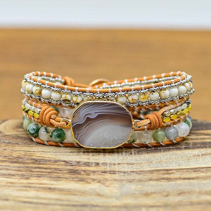 Multi-Strand Beaded Wrap Bracelet with Natural Stone Centerpiece