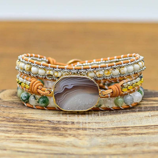 Multi-Strand Beaded Wrap Bracelet with Natural Stone Centerpiece