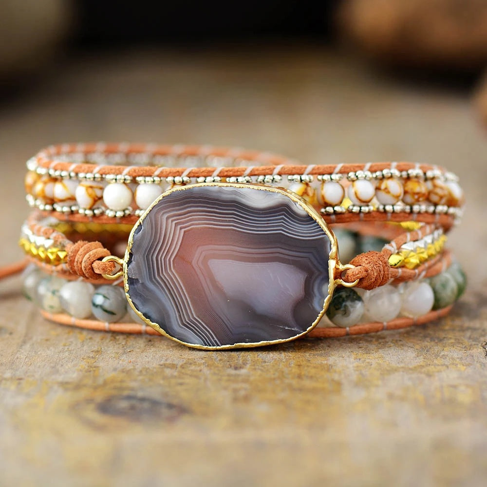 Multi-Strand Beaded Wrap Bracelet with Natural Stone Centerpiece