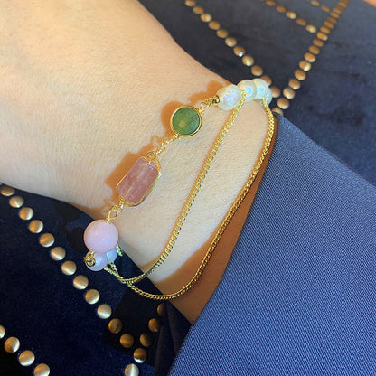 Elegant Gold Chain Bracelet with Natural Stone & Pearl Accents