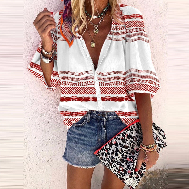 Boho Stripe Print Elizabeth Ainsley Button Blouse