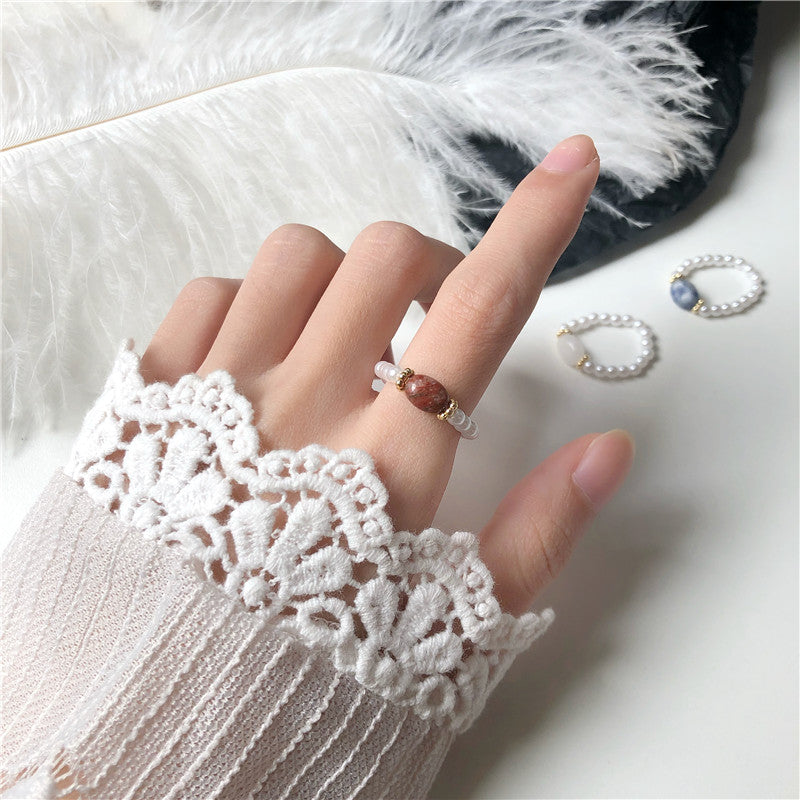 Pearl Beaded Adjustable Ring – Natural Stone Accent Band