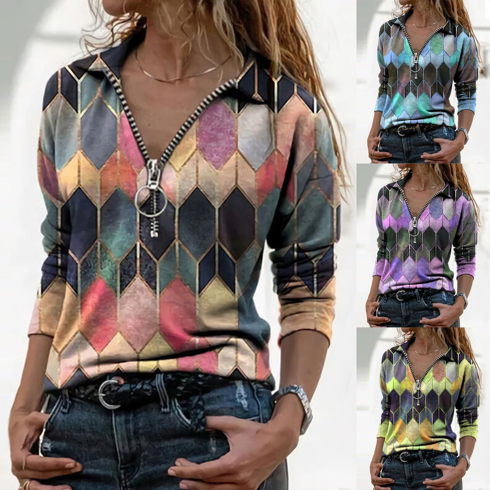 Colorful Zip V-Neck Top Elizabeth Ainsley Perfect-Fit