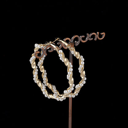 Elegant Twisted Gold Pearl Hoop Earrings