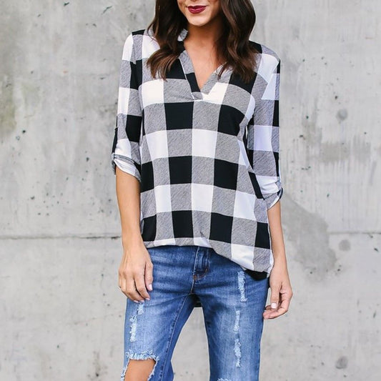 Plaid V-Neck Loose Blouse by Elizabeth Ainsley