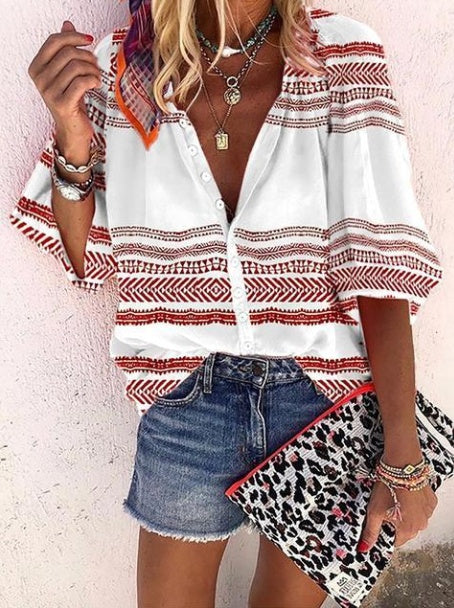 Boho Stripe Print Elizabeth Ainsley Button Blouse