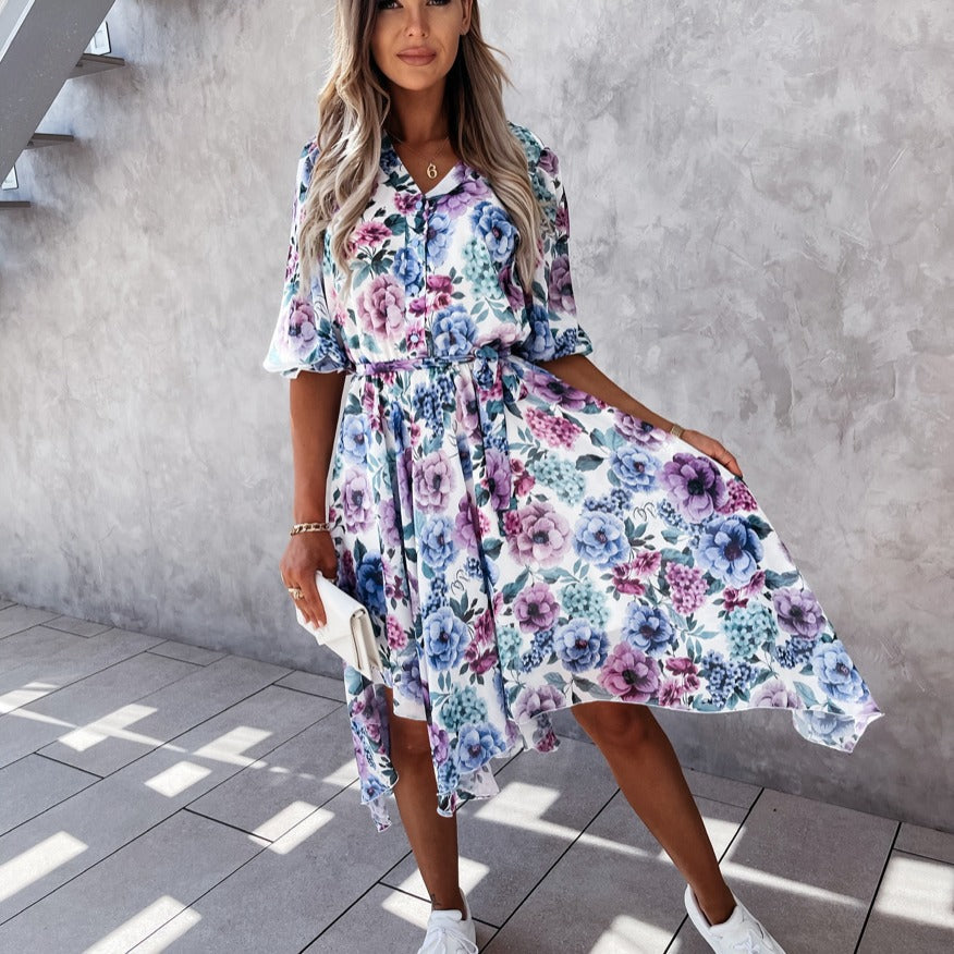 Floral Print Elizabeth Ainsley Irregular Midi Dress