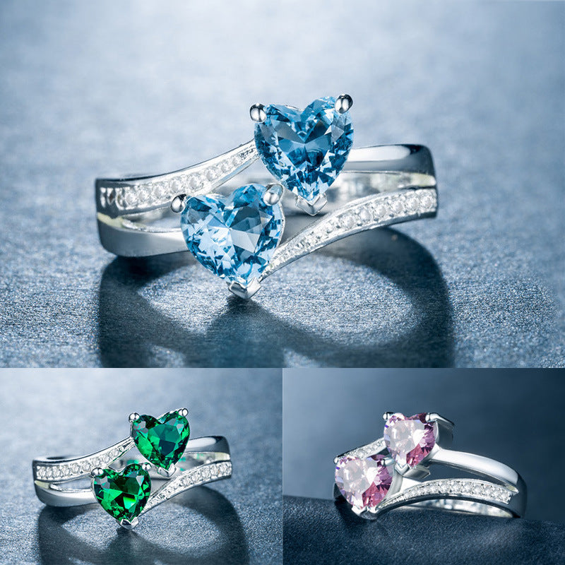 Twin Heart Crystal Ring – Split Band Romantic Statement Design