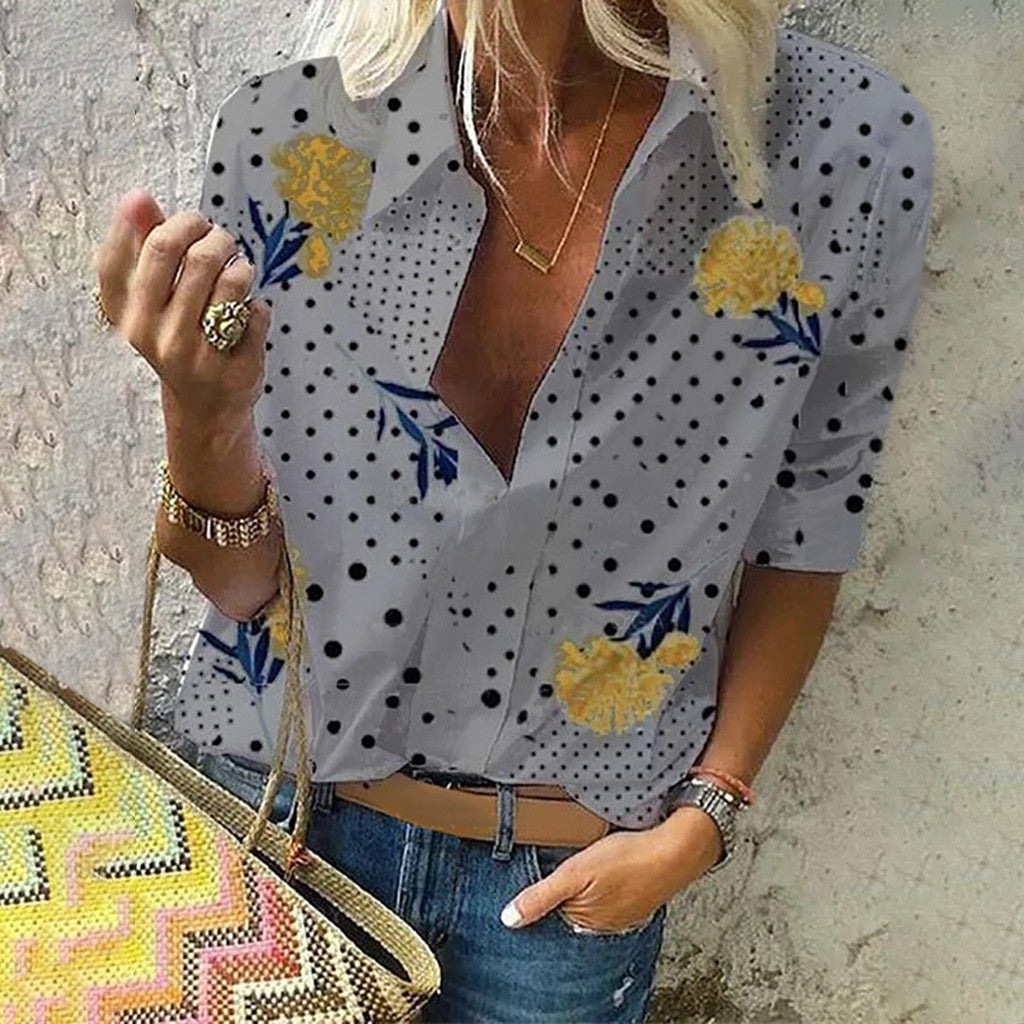 Chic Floral Dot Elizabeth Ainsley V-Neck Fashion Top