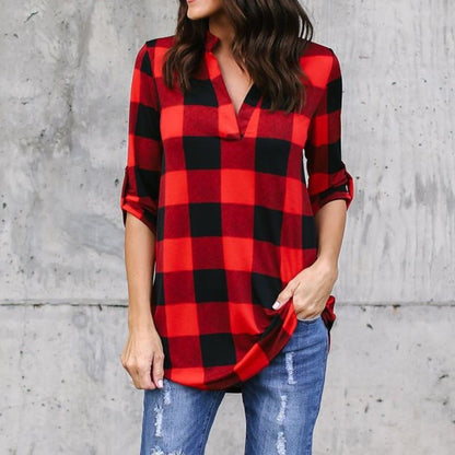 Plaid V-Neck Loose Blouse by Elizabeth Ainsley