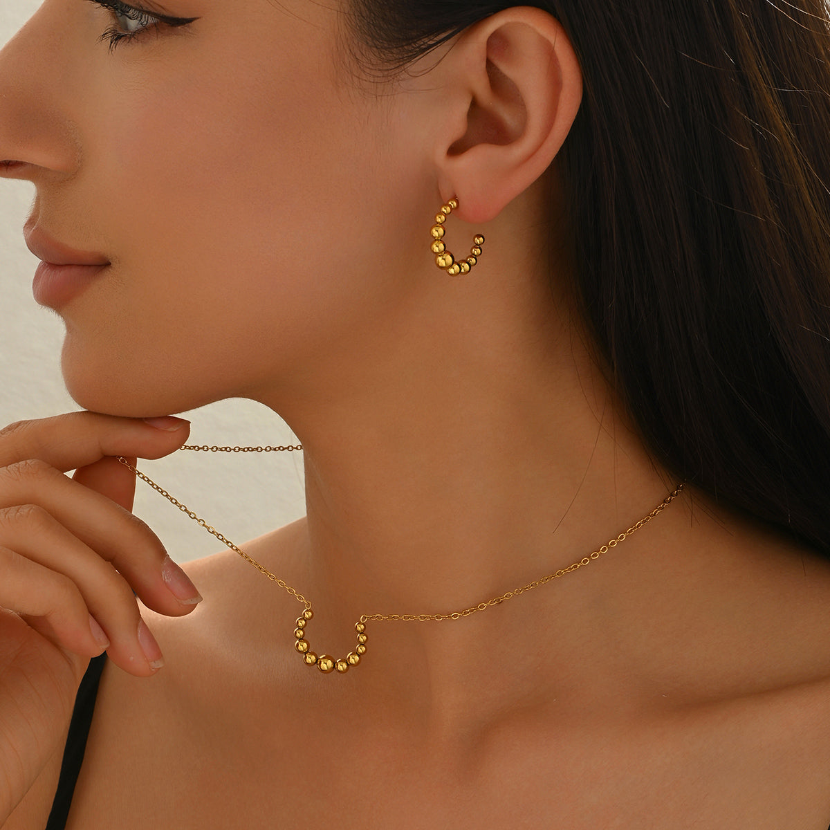Beaded Curve Necklace & Matching Hoop Stud Earrings