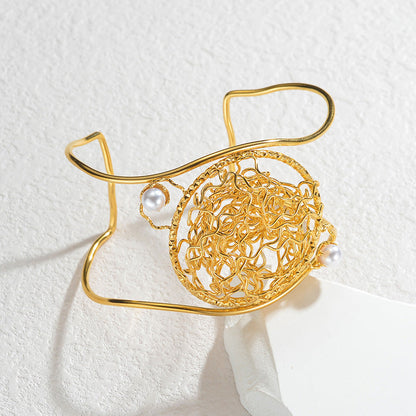 Geometric Open Cuff Bracelet with Intricate Center Detail
