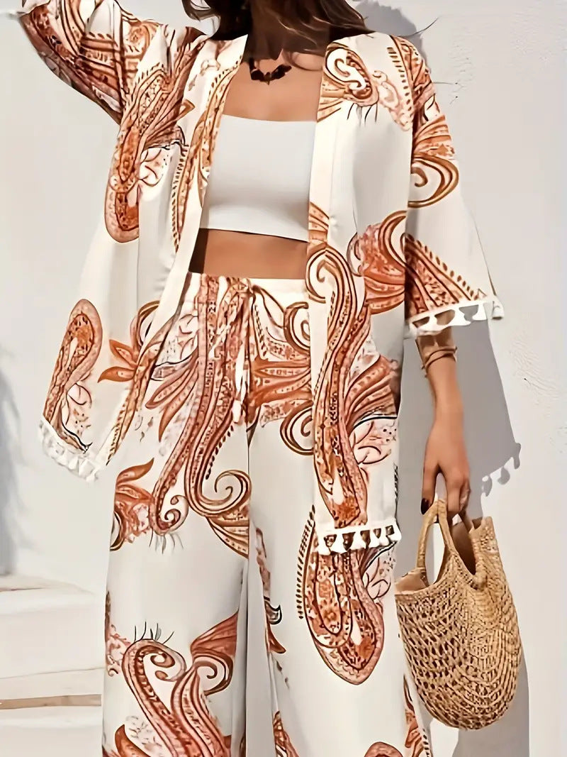 Chic Printed Elizabeth Ainsley Cardigan Pants Set