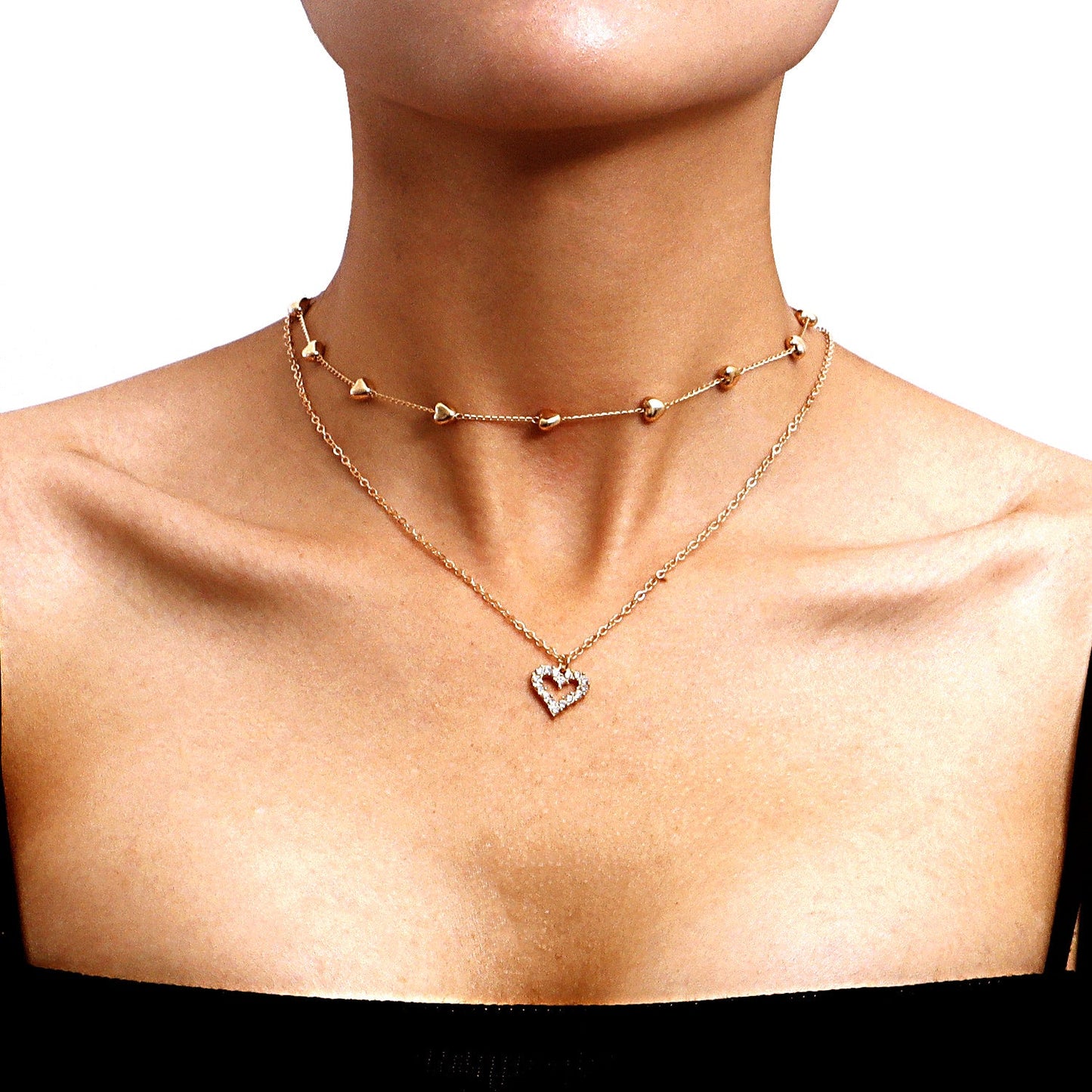 Layered Gold Heart Necklace – Double Chain Beaded Pendant Necklace