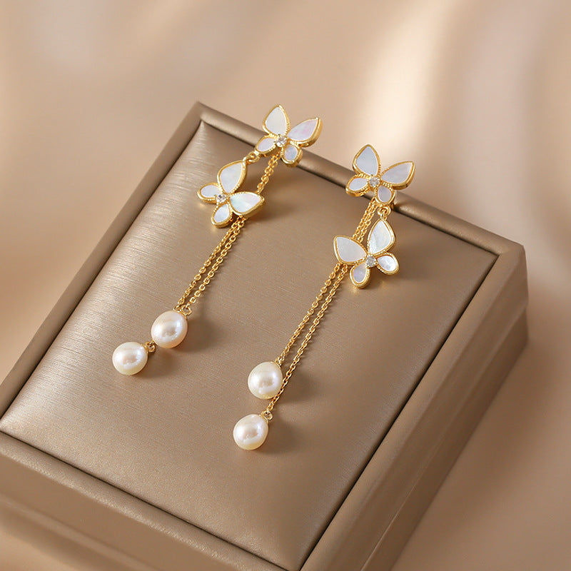Butterfly Pearl Tassel Drop Earrings