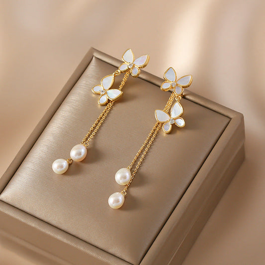 Butterfly Pearl Tassel Drop Earrings