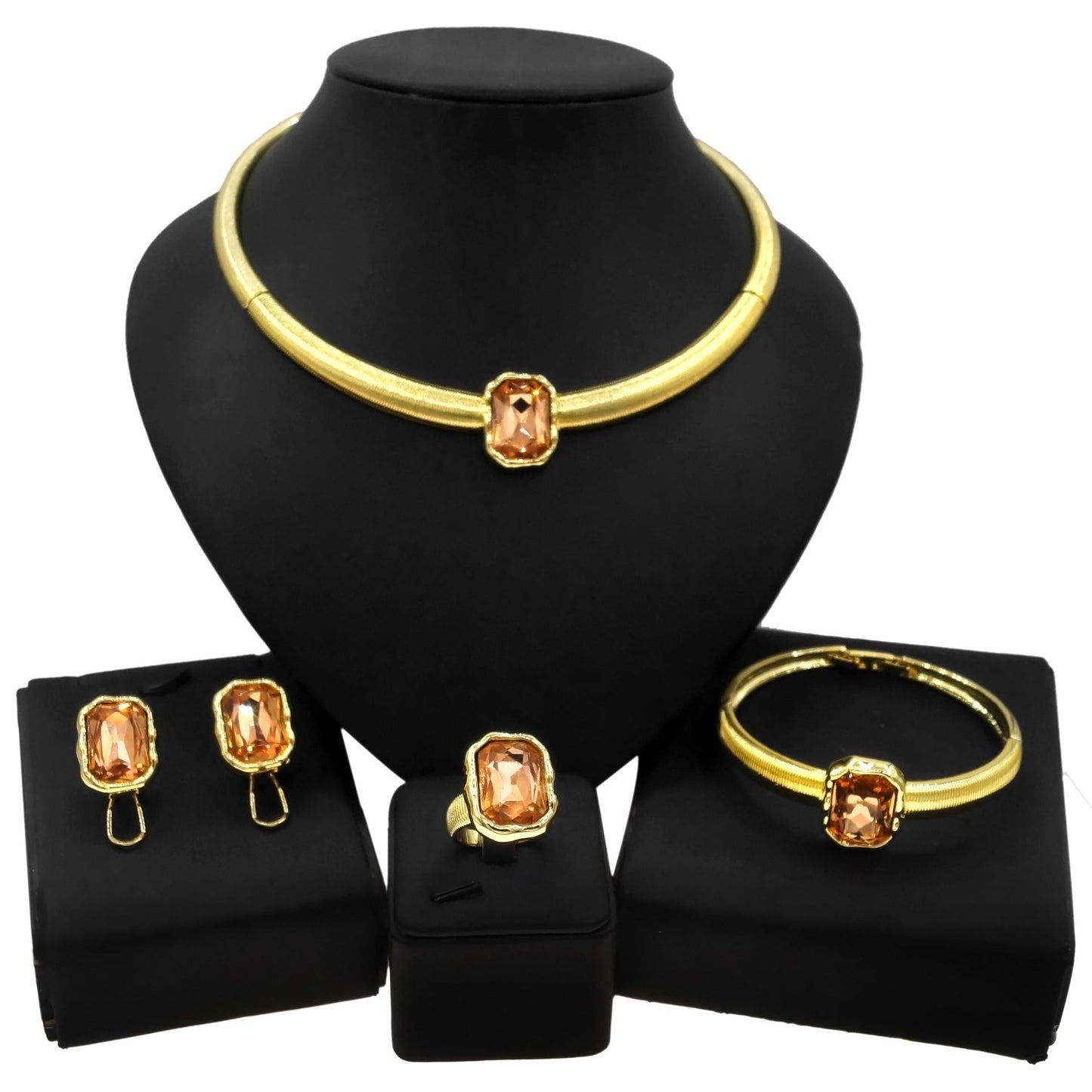 Gold Color Block Jewelry Set with Amber Stone