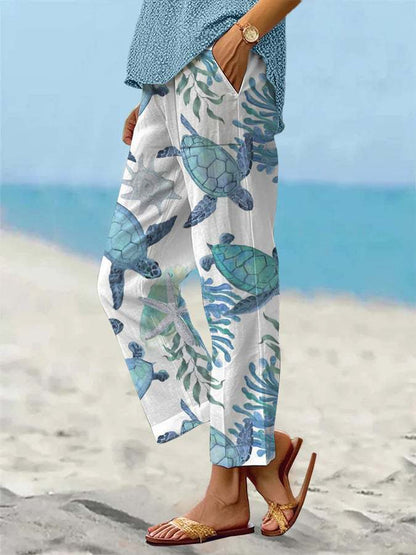 Sea Turtle Print Elizabeth Ainsley Cropped Pants