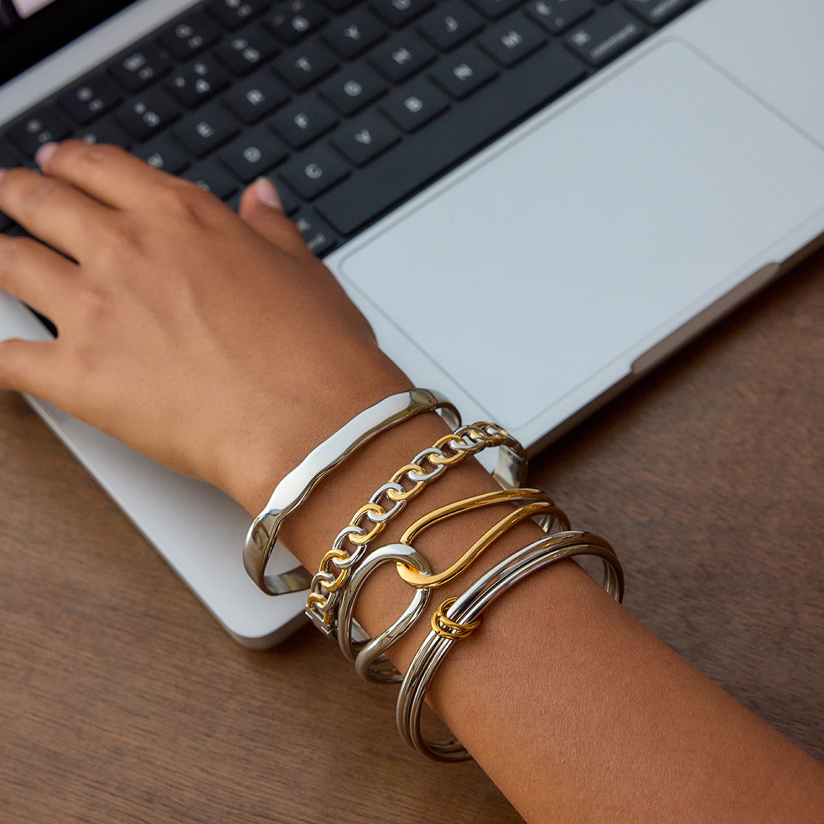 Mixed-Form Bangle and Cuff Bracelet Collection with Modern Contrast
