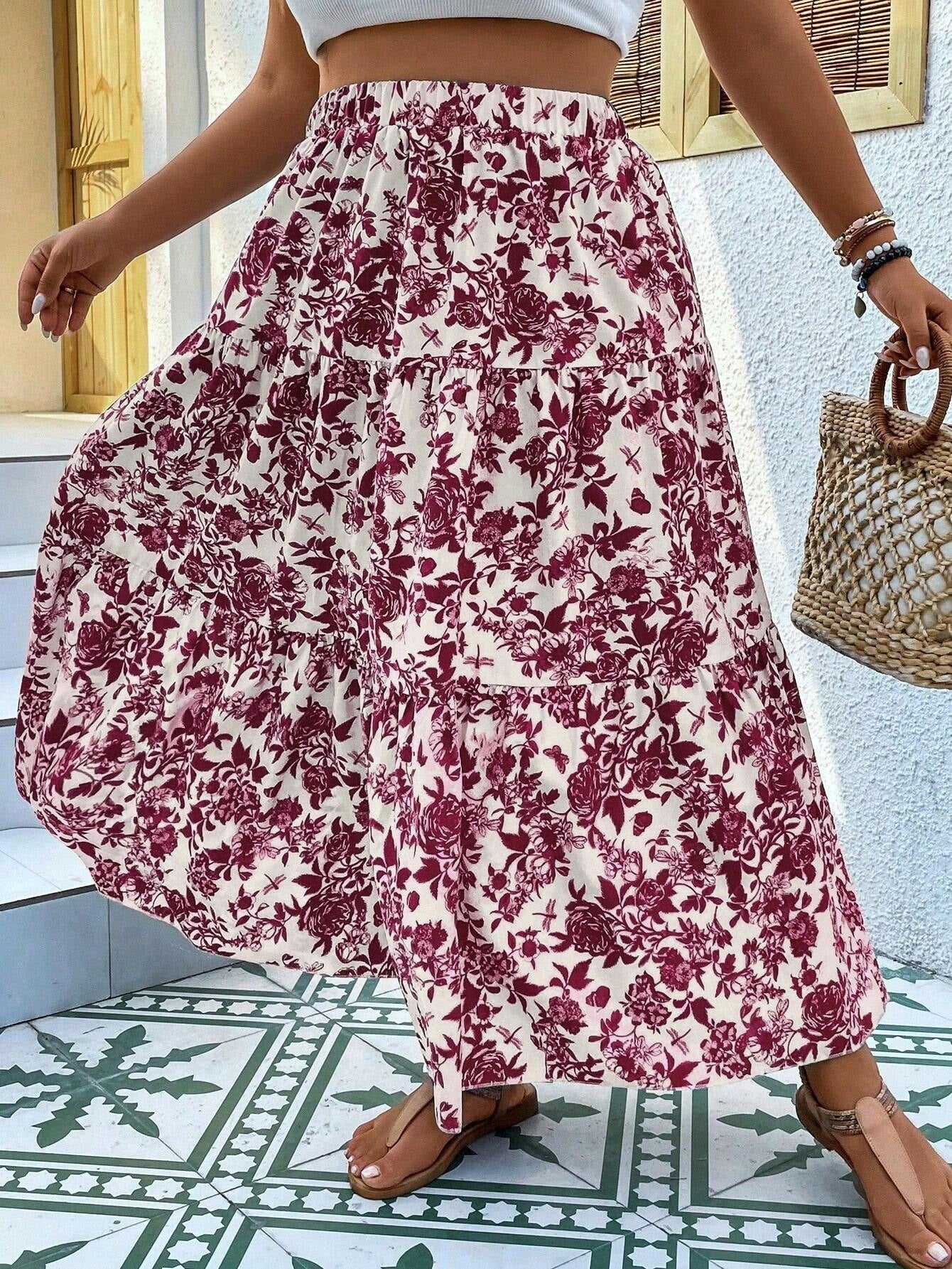 Floral Print Elizabeth Ainsley Plus Size Maxi Skirt