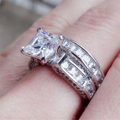 Princess Cut Engagement Ring Set – Triple Band Pavé Design