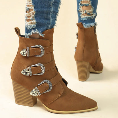 Elizabeth Ainsley Retro Buckle Boots - Chunky Heel Comfort