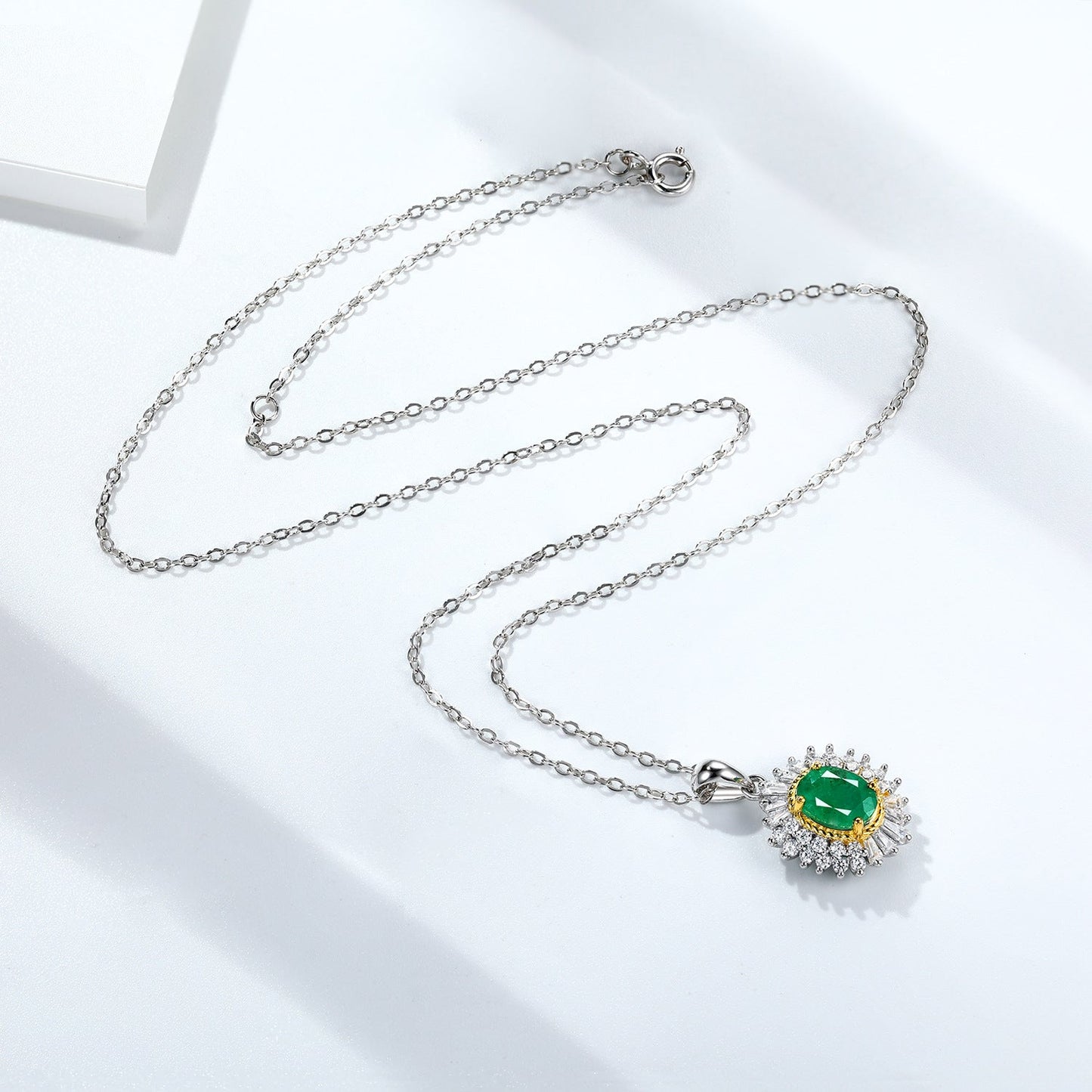 Natural Emerald Halo Pendant Necklace