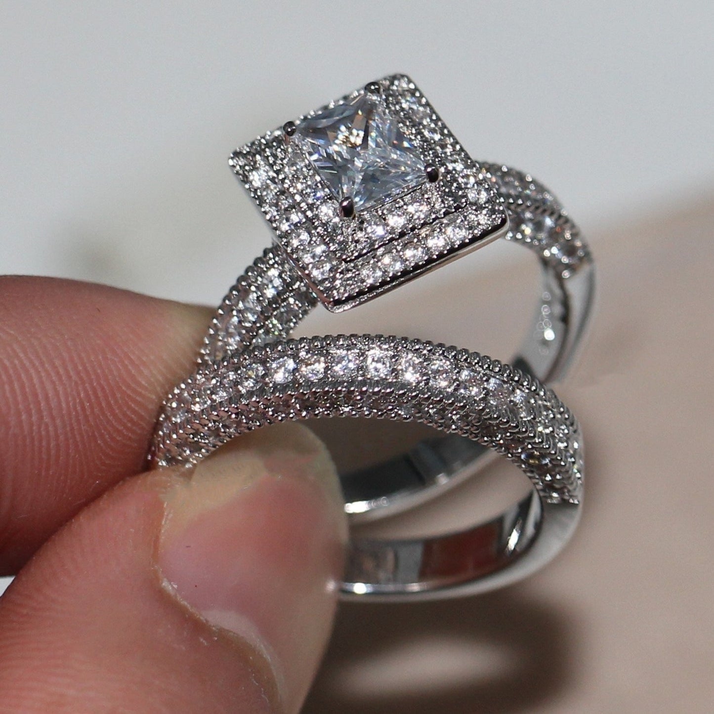 Princess Halo Bridal Ring Set with Pavé Band