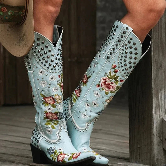 Elizabeth Ainsley Floral Blue Studded Pointed Toe Boots