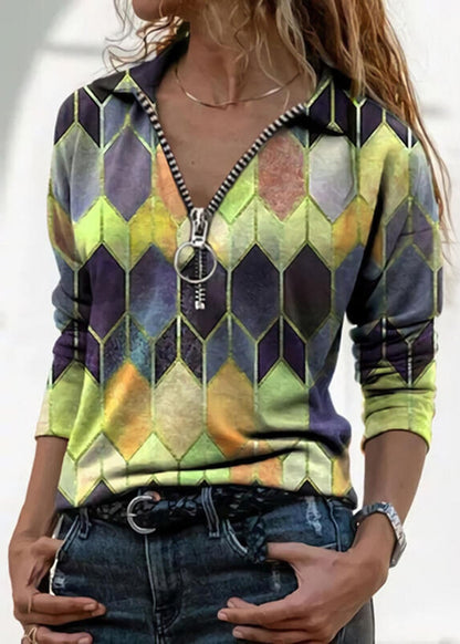 Colorful Zip V-Neck Top Elizabeth Ainsley Perfect-Fit