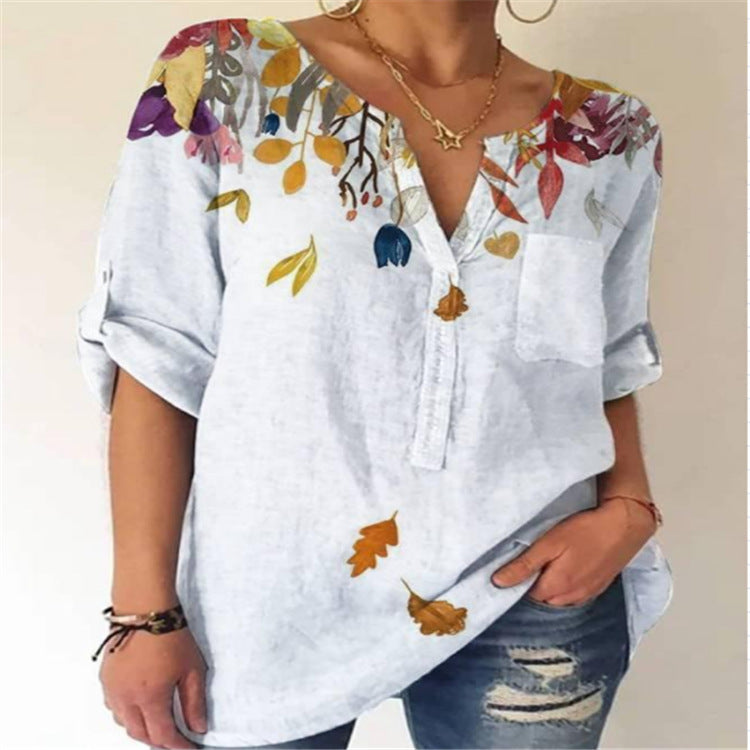 Printed V-Neck Cotton Blouse by Elizabeth Ainsley