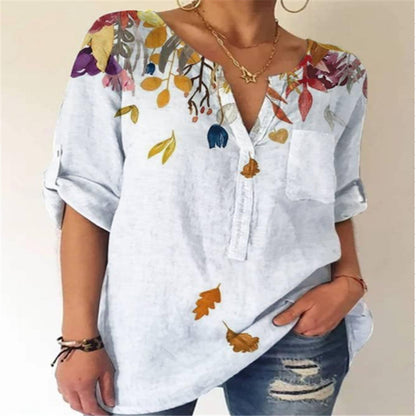 Printed V-Neck Cotton Blouse by Elizabeth Ainsley