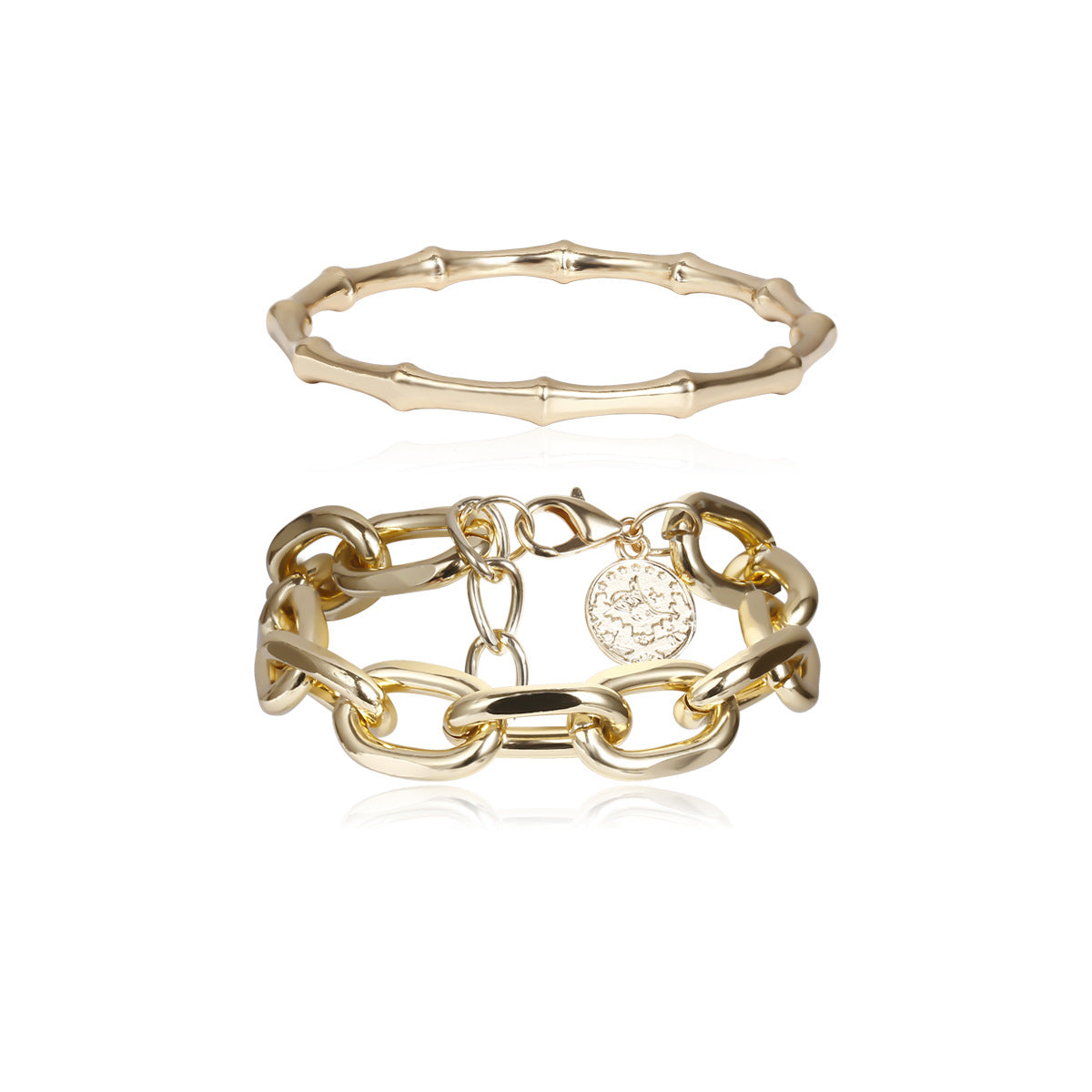 Two-Piece Bracelet Set with Organic Bangle and Chain Design