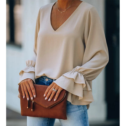 Elegant V-Neck Ruffle Sleeve Top by Elizabeth Ainsley