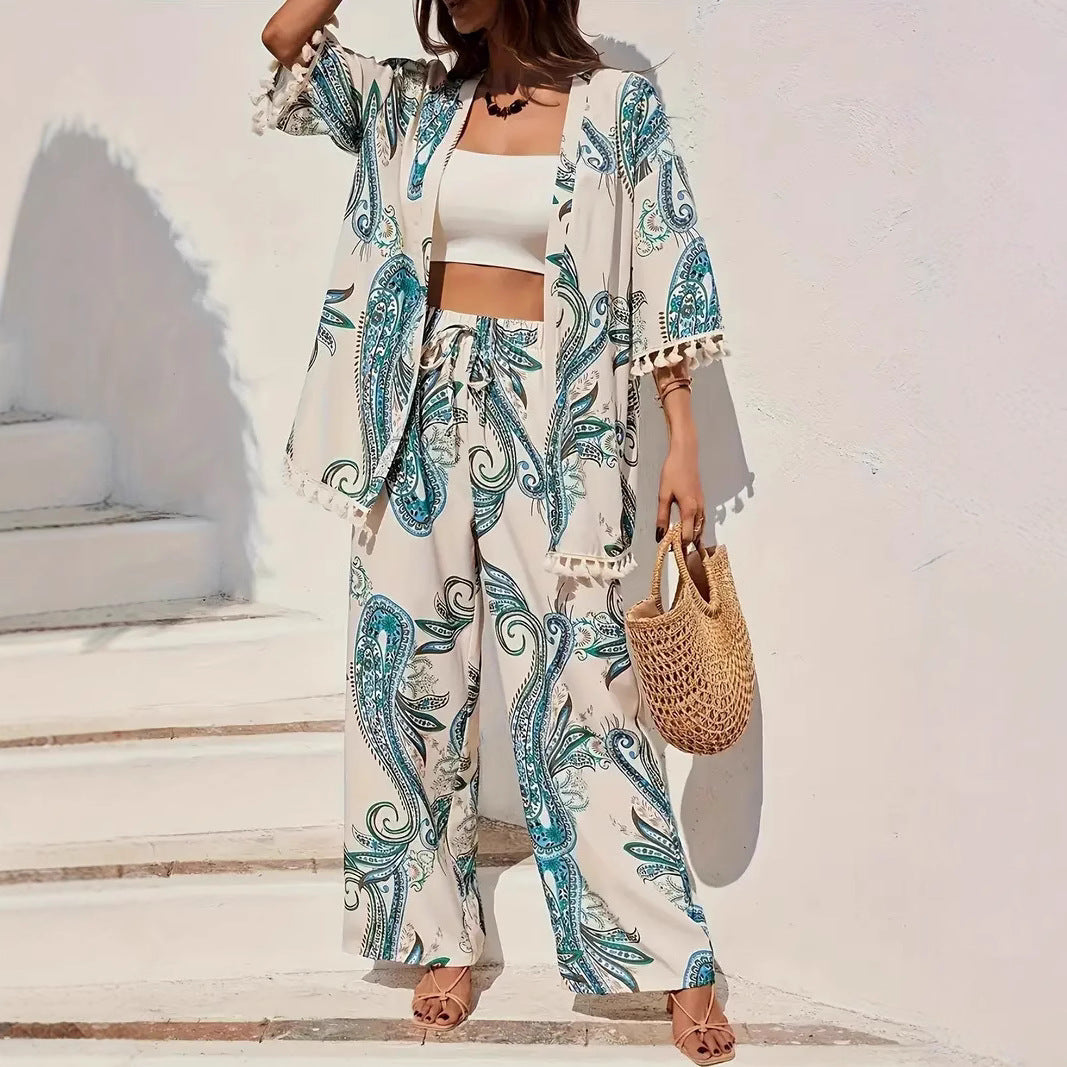 Chic Printed Elizabeth Ainsley Cardigan Pants Set