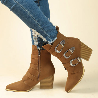 Elizabeth Ainsley Retro Buckle Boots - Chunky Heel Comfort