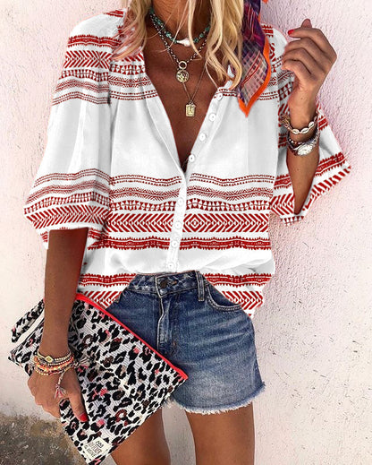 Boho Stripe Print Elizabeth Ainsley Button Blouse