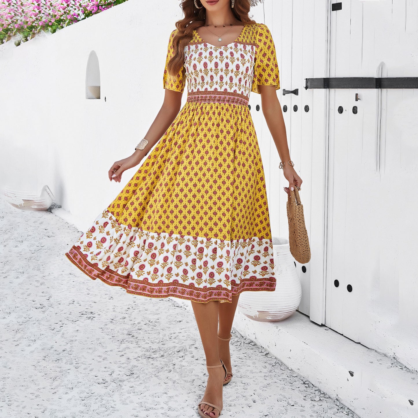 Boho Printed Elizabeth Ainsley Summer Midi Dress