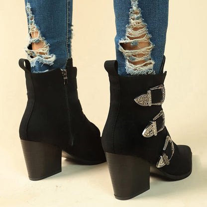 Elizabeth Ainsley Retro Buckle Boots - Chunky Heel Comfort