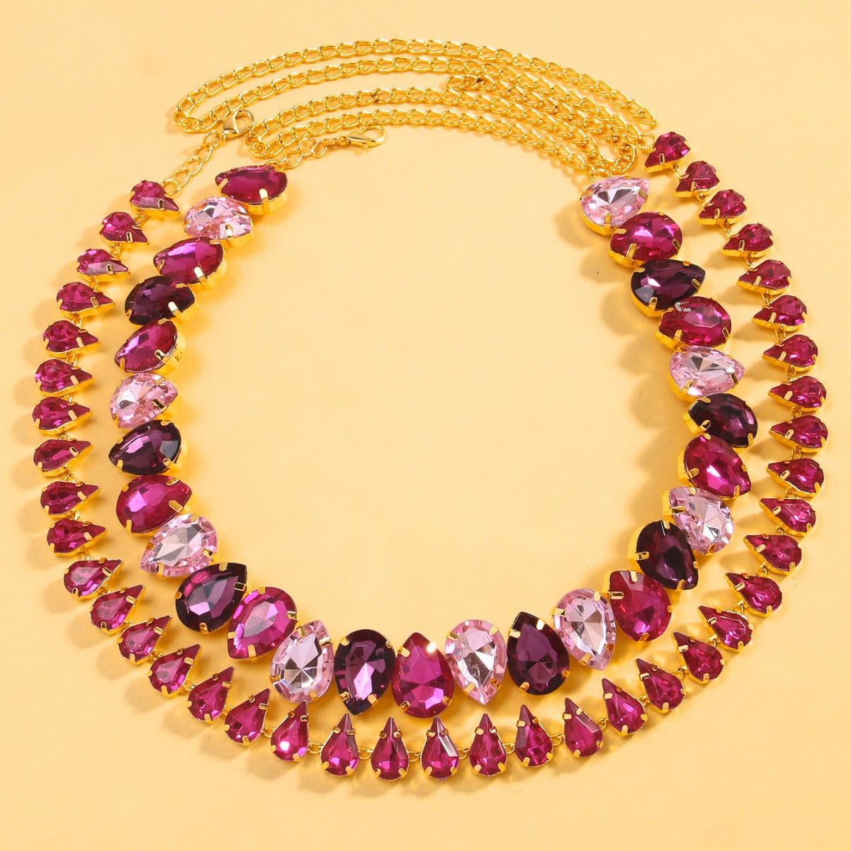 Pink Crystal Teardrop Choker Necklace – Statement Gold Chain Collar