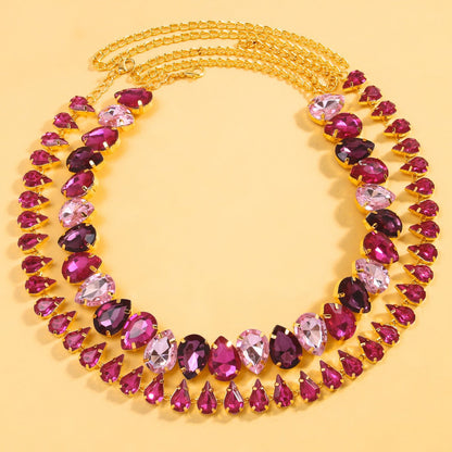 Pink Crystal Teardrop Choker Necklace – Statement Gold Chain Collar