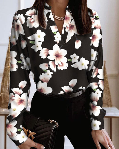 Printed V-Neck Long Sleeve Shirt by Elizabeth Ainsley